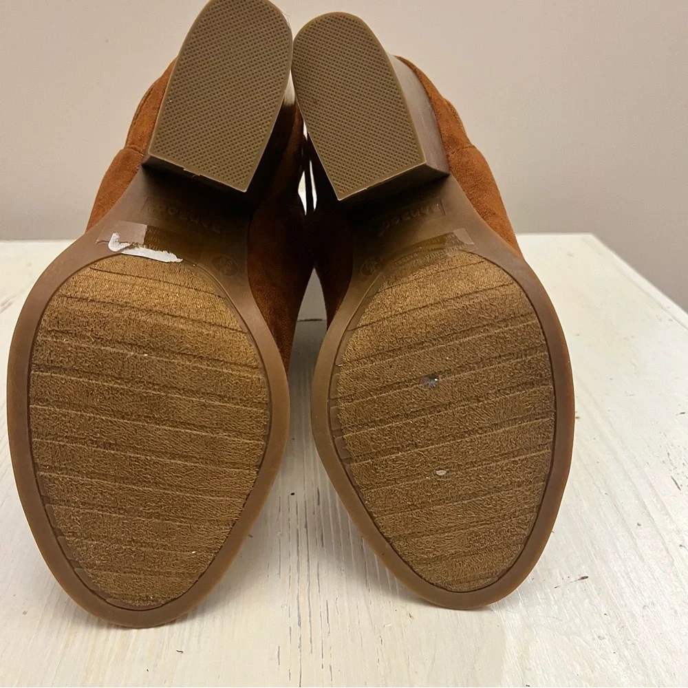 Women's Bamboo Brown Tan Suede‎ Zipper Back Lace Sides Peep Toe Heels Size 9